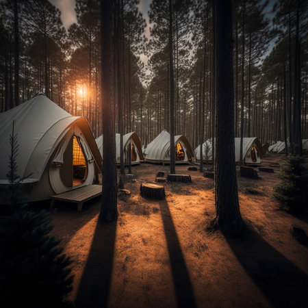 Tent in the pine forest at night,3d render.の素材