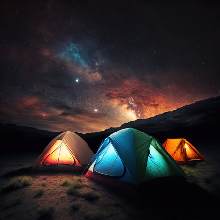 Camping in the mountains at night under the starry sky.の素材