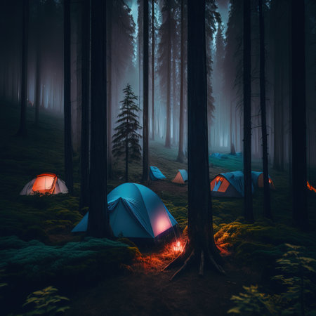 Tent camping in the forest at night. 3d render.の素材
