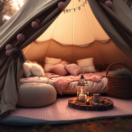 Camping tent with pillows, plaids and candles.の素材