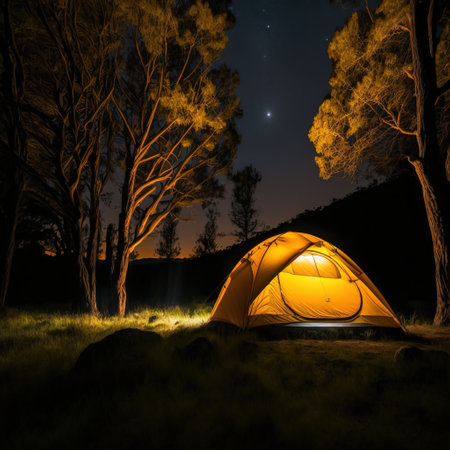 Camping tent in the forest at night with stars and moon.の素材