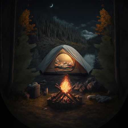 Camping in the forest at night with tent and bonfire.の素材