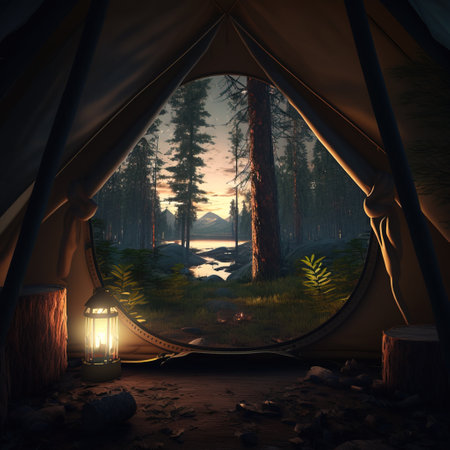Tent in the forest at sunrise. 3d render illustration.の素材