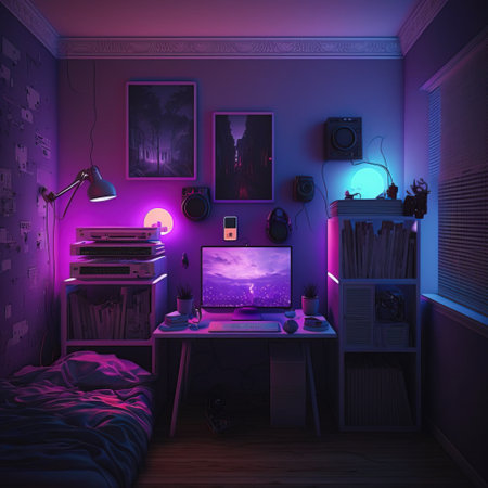 Interior of a bedroom with a computer and a lamp. 3d renderの素材
