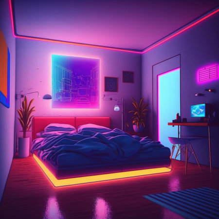 Interior of a modern bedroom in neon colors. 3d renderの素材