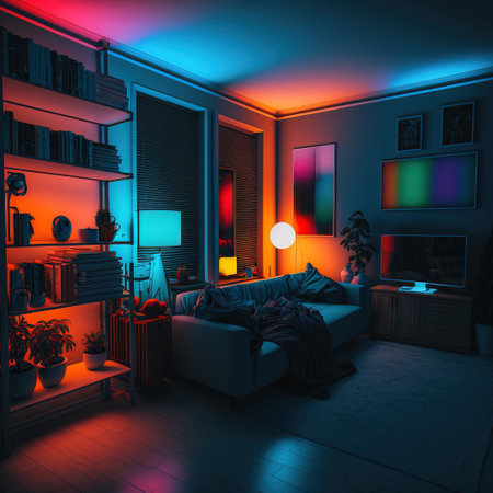 Interior of a modern living room with a comfortable sofa, bookshelves and night lights. 3d render.の素材