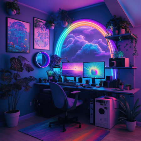3D render of a computer in a room with neon lights.の素材