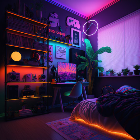 3D Illustration of a Room in a Retro Style with Neon Lightsの素材