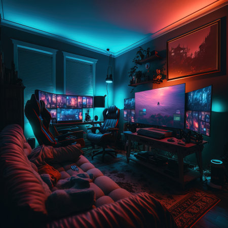 3d rendering of a living room with computer games and entertainment equipmentの素材
