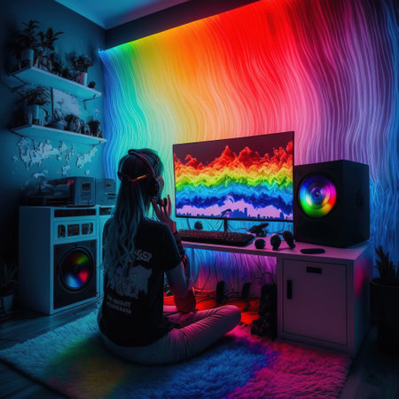 Girl playing video games on the console in the room at home.の素材