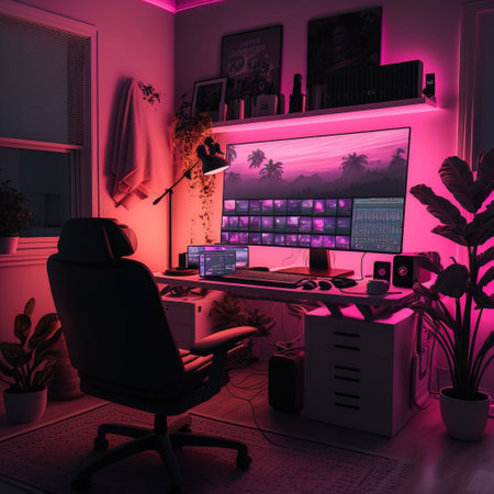 3D render of a home office interior with a computer and a chairの素材