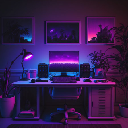 Workplace with computer and lamp. 3d render. Vintage style.の素材