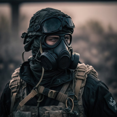 Portrait of a special forces soldier in a gas mask on the battlefield.の素材