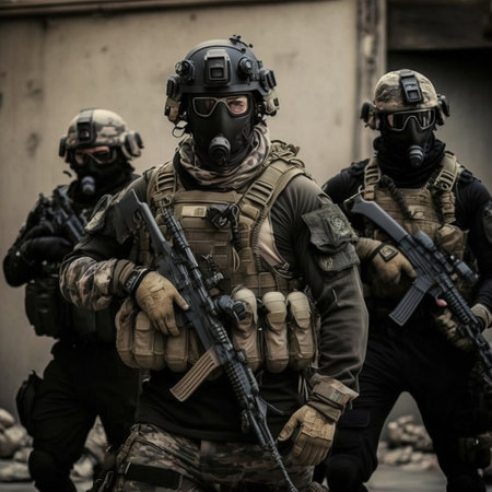 United States Navy special forces soldiers in action during a tactical mission.の素材