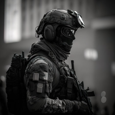 Soldier in military uniform and helmet. Black and white photo.の素材