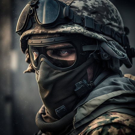 Close-up portrait of a special forces soldier in full gear.の素材