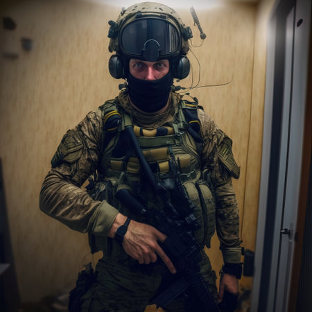 Portrait of a special forces soldier in the interior of the buildingの素材