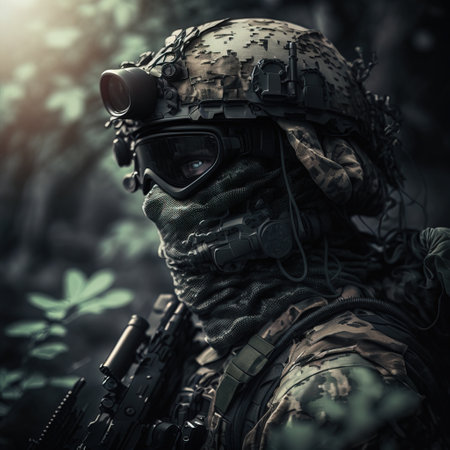Portrait of a special forces soldier in the forest. Military concept.の素材