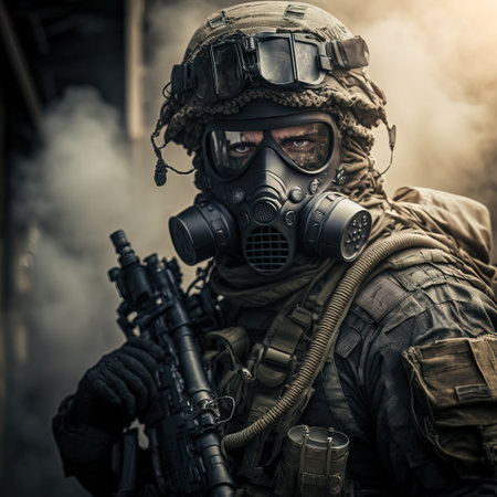 Portrait of a special forces soldier with gas mask and assault rifleの素材