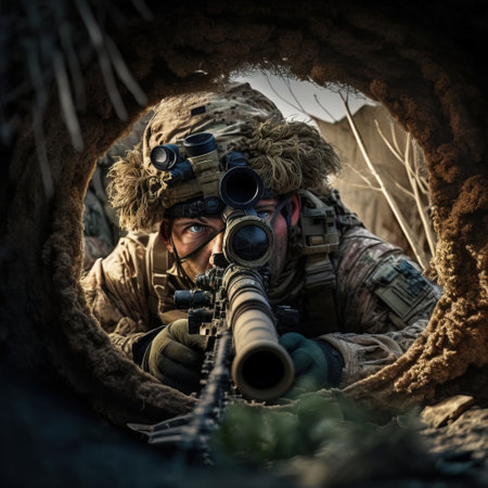 View of a soldier with a machine gun inside a tunnel. Selective focus.の素材