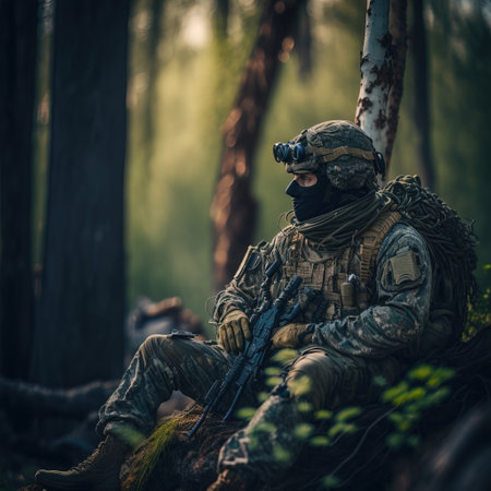 Portrait of a special forces soldier in the forest. Selective focus.の素材
