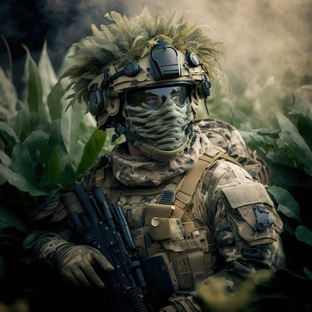 Portrait of a special forces soldier in full gear on the battlefieldの素材