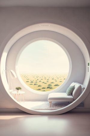 White round window with a view of the field through the window. 3d renderの素材
