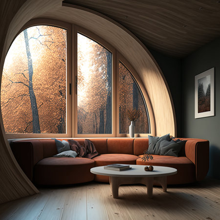 Interior of modern living room with brown sofa, round coffee table and wooden wall. 3d renderの素材