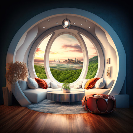 Interior of modern living room with round window. 3d renderの素材