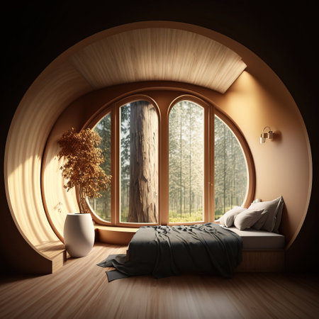 Interior of a modern bedroom with a wooden floor, a double bed and a round window. 3d renderの素材