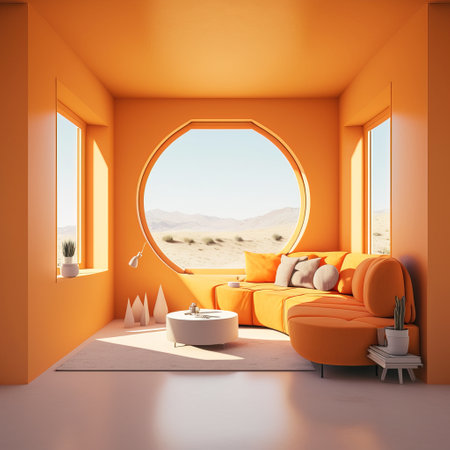 Orange living room interior with orange walls, concrete floor, orange sofa and round window. 3d renderの素材