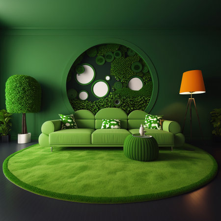Green living room with a green sofa and a round mirror on the wallの素材