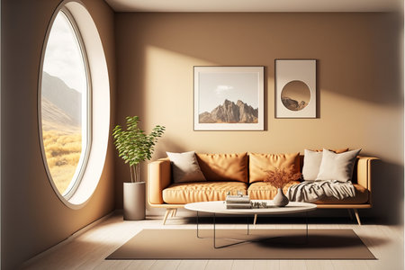 Interior of modern living room with brown sofa, coffee table and paintings on wall. 3d renderの素材