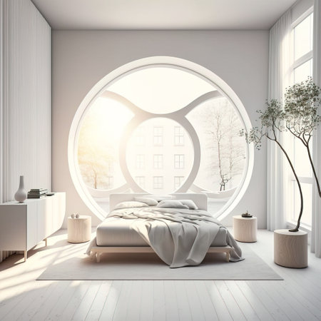 Interior of modern bedroom with white walls, wooden floor, comfortable king size bed and round window. 3d renderの素材