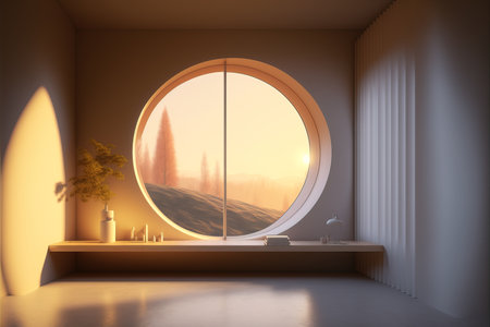 Interior of modern bathroom with white walls, concrete floor, comfortable white bathtub and round window. 3d renderの素材