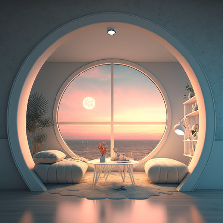 Interior of modern living room with round window and sun. 3d renderの素材