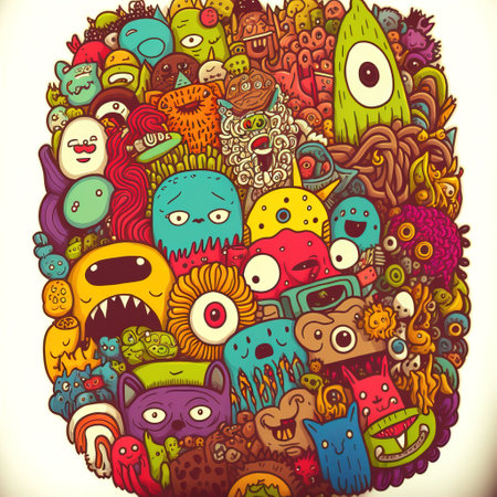 Hand drawn doodle monsters group,drawing style.Vector illustrationの素材