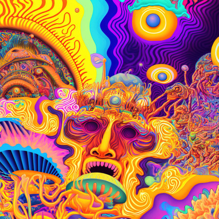Abstract psychedelic background with surreal alien faces. Psychedelic design.の素材