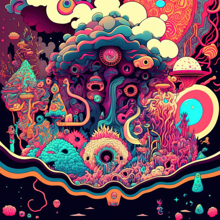 Cartoon doodle alien landscape. Colorful vector illustration.の素材