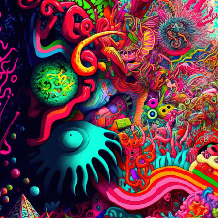 abstract colorful psychedelic background with a lot of different elements and shapesの素材
