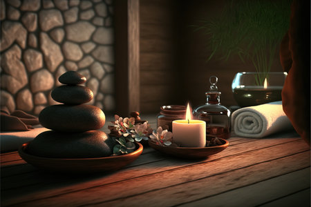 Spa massage with stones, candle and towel on wooden background.の素材