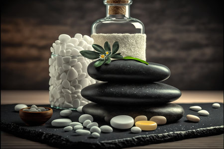 Spa still life with zen stones and candle on wooden backgroundの素材