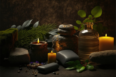 Spa still life with candles, stones and plants on dark backgroundの素材