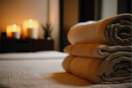 Towels on bed in hotel room. Selective focus.の素材