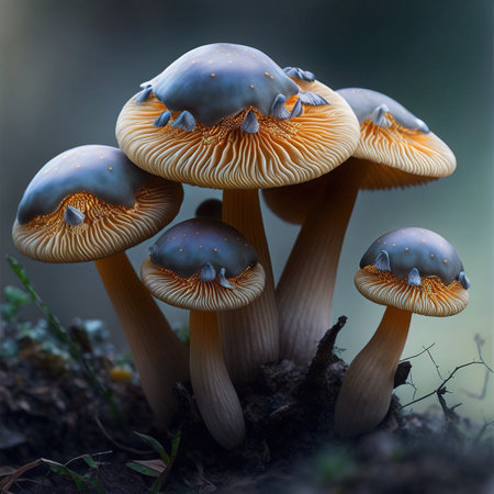 Macro shot of a group of mushrooms growing in the forest.の素材