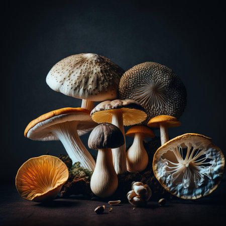 Mushrooms, chanterelle, agaric, boletus, psilocybe cubensis on a dark backgroundの素材