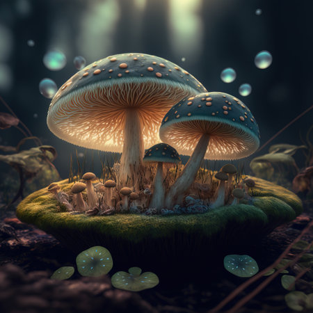 Fantasy mushroom in the dark forest. 3D render illustration.の素材