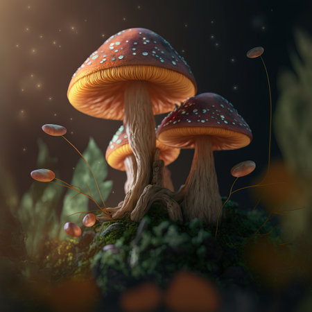 Fantasy amanita mushrooms in the moss. 3d illustrationの素材