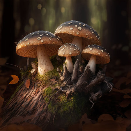 Mushrooms on a tree stump in the autumn forest. Nature backgroundの素材