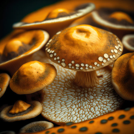 Macro of a group of mushrooms on a dark background. Toned.の素材